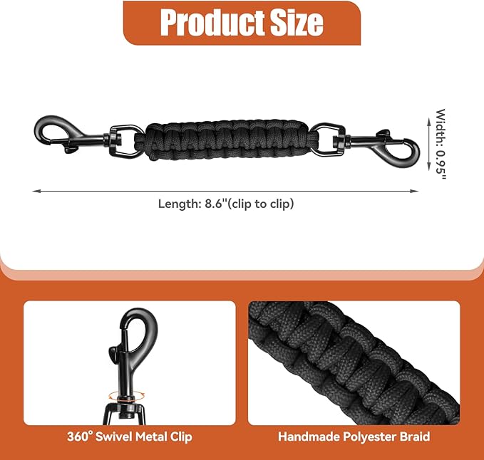 Dog Collar Safety Clip with Dual Clasps,Handmade Backup Safety Strap for Dog Harness, Collars and No Pull Harness Connectors (Black)