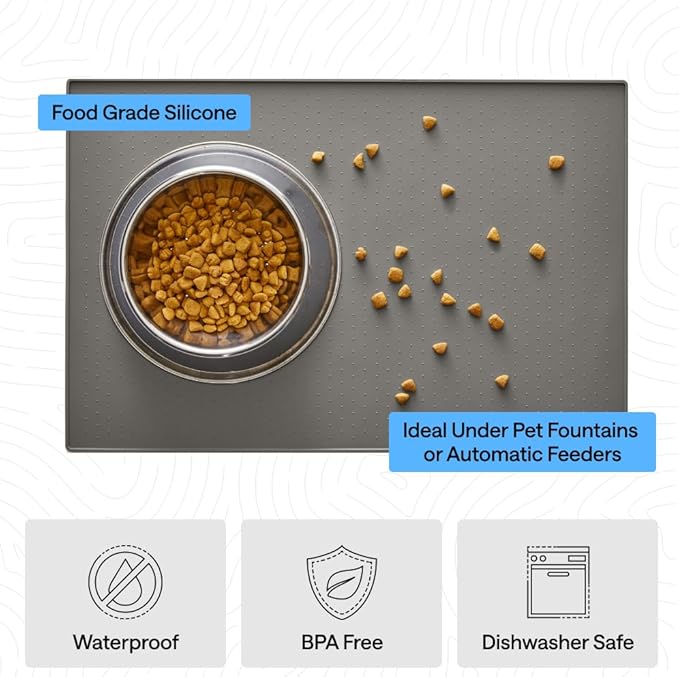 GORILLA GRIP 100% Waterproof Raised Edge BPA Free Silicone Pet Feeding Mat, Dog Cat Food Mats Contain Spills Protects Floors, Placemats for Cats and Dogs Water Bowl, Pets Accessories 28x18 Gray