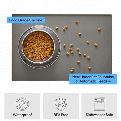 GORILLA GRIP 100% Waterproof Raised Edge BPA Free Silicone Pet Feeding Mat, Dog Cat Food Mats Contain Spills Protects Floors, Placemats for Cats and Dogs Water Bowl, Pets Accessories 28x18 Gray
