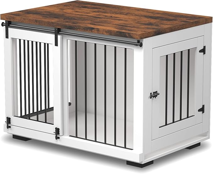Zakkart Dog Crate Furniture for Large Dogs Up to 60 lbs. - Barn Door Puppy Kennel w/Thickened Farmhouse Top & Metal Bars - 37'' Wide - White Decorative Modern Dog Crate Table, End Table, Nightstand