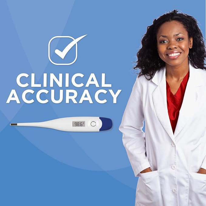 Veridian Healthcare Digital Thermometer | 60-Second Readout | Fever Alert + Memory Recall| Clinical Rigid Tip | Hygienic Water-Resistant Easy Cleaning | Storage Case + Probe Covers Included