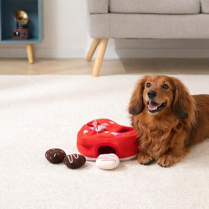 Hollypet Squeaky Dog Toy, Interactive Plush Hide and Seek Dog Toys for Small Medium Sized Dogs and Non-Aggressive Chewers, Puppy Teeth Clean Chew Toys, Valentine's Day Chocolate