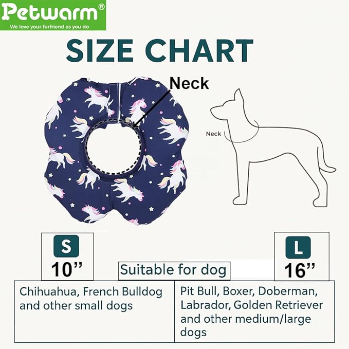 PetWarm Recovery Collar for Dogs, Dog Recovery Collar, Lightweight Pet Neck Protector with Memory Foam Padding, Gentle No-Lick Flower Design for Calm Rest and Travel, Unicorn Print, Blue, L