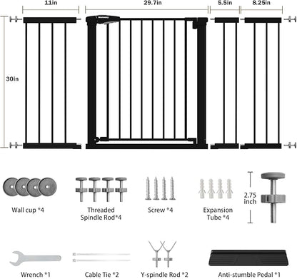 Mumeasy 29.7-57" Extra Wide Baby Gate, Auto Close Large Dog Gate for Doorways, No Drilling Pressure Mounted Pet Safety Gate for Stairs, Easy Walk Through Child Gate for Hallways, House, Indoor, Black