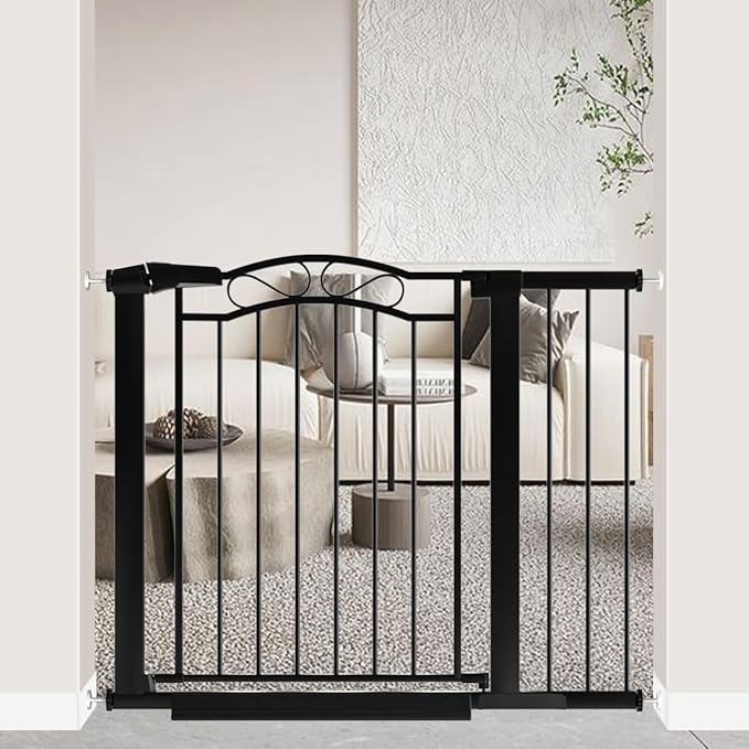 Black Baby Gate with Door-Walk Through Baby Gates for Stairs Pressure Mounted no Drill-Indoor Tension Metal Child Pet Dog Safety Gate 37.80"-40.55" Wide