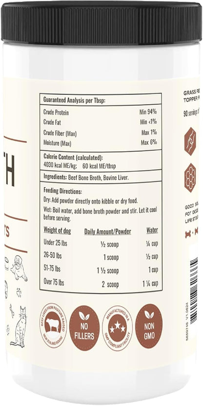 Bone Broth for Dogs and Cats with Beef Liver – Human Grade Grass Fed Beef Bone Broth Powder for Pets – Dog Food Toppers for Picky Eaters - Supports Joints & Gut Health – Freeze Dried Liver - 8oz