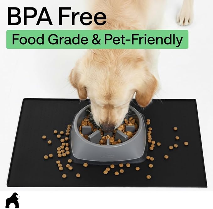 GORILLA GRIP 100% Waterproof Raised Edge BPA Free Silicone Pet Feeding Mat, Dog Cat Food Mats Contain Spills Protects Floors, Placemats for Cats and Dogs Water Bowl, Pets Accessories 32x24 Black