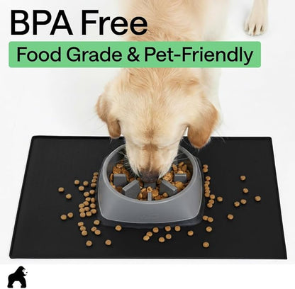 GORILLA GRIP 100% Waterproof Raised Edge BPA Free Silicone Pet Feeding Mat, Dog Cat Food Mats Contain Spills Protects Floors, Placemats for Cats and Dogs Water Bowl, Pets Accessories 32x24 Black