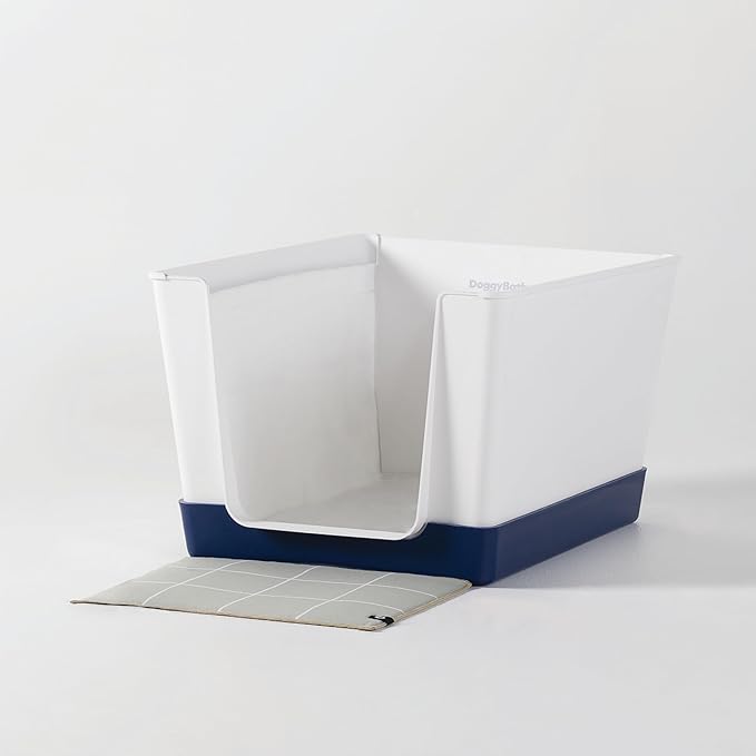 Indoor Dog Potty with High Walls and Low Entry for Small Dogs — Vertical Pad Holder, Splash Guard, and Clean Modern Design by DoggyBathroom (Mini, Navy Blue)