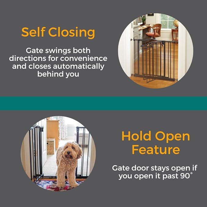 MyPet Windsor Arch Hold-Open & Auto-Close Pressure-Mount Pet Gate: Heavy-Duty Steel Gate 28.5in Tall Comes with Two 5in Extensions from 28in to 38in Wide in Matte Bronze