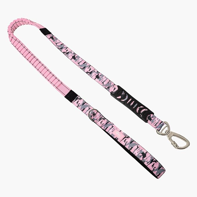Dog Friendly Co. Bungee Dog Leash | Strain Free & Shock Resistant for Control | Neoprene Padded Handle, Heavy-Duty Carabiner Clip, and D-Ring | Pink Camo, Size Small