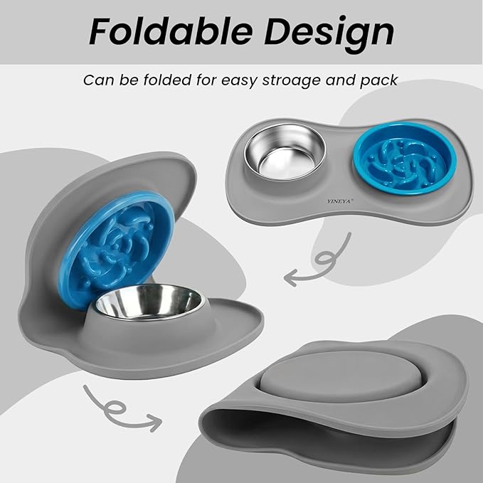 YINEYA Slow Feeder Dog Bowls Stainless Steel Food and Water Bowl Set 3 in 1 No Spill Waterproof Silicone Pet Food Mat Puppy Feeding Station for Large Medium Small Breed Non Slip Metal Dish Tray
