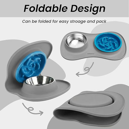 YINEYA Slow Feeder Dog Bowls Stainless Steel Food and Water Bowl Set 3 in 1 No Spill Waterproof Silicone Pet Food Mat Puppy Feeding Station for Large Medium Small Breed Non Slip Metal Dish Tray