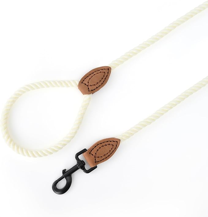 Mile High Life Dog Leash, Braided Cotton Rope Leashes with Leather Tailor Tip with Leather Tip - Heavy Duty Metal Clasp, 5FT, 1/2" Thick - Wedding, Walking Leash for Medium Large Dogs(Cream White)