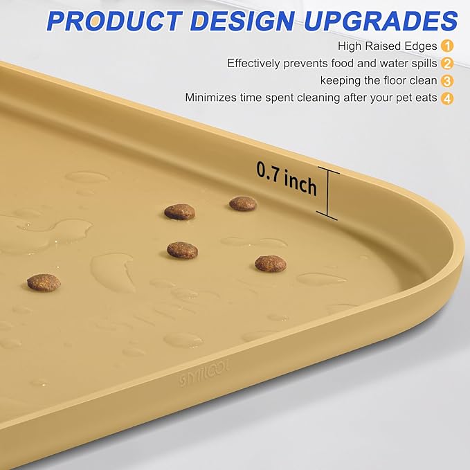 SMILOOL Silicone Pet Feeding Mat with Raised Edge for Food and Water, Dog Bowl Mats, Cat Bowls Placemat with High Lip for Floor Waterproof, Rubber Tray for Cats and Dogs 19 x 12 x0.7 Dark Beige