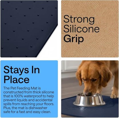 GORILLA GRIP 100% Waterproof Raised Edge BPA Free Silicone Pet Feeding Mat, Dog Cat Food Mats Contain Spills Protects Floors, Placemats for Cats and Dogs Water Bowl, Pets Accessories 32x24 Navy