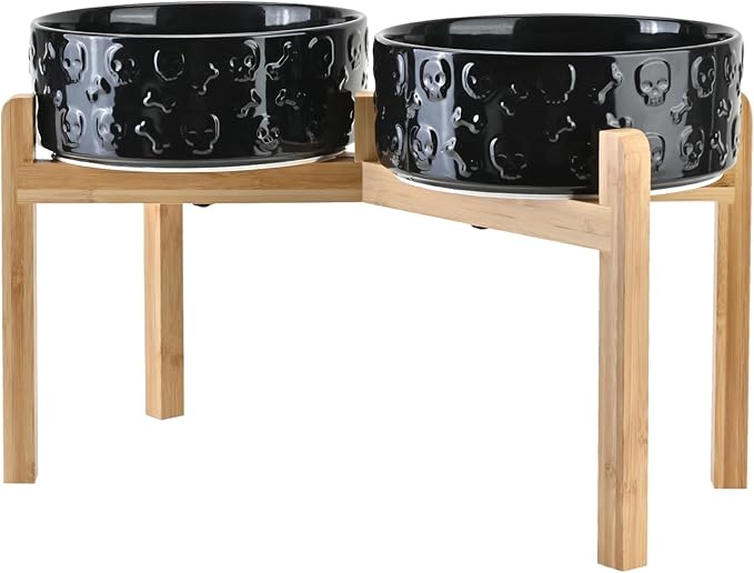 SPUNKYJUNKY Elevated Dog Bowls Ceramic, 8.3'' Dogs Food Water Bowls Raised with Non-Slip Bamboo Stand for Large Sized Breed Microwave Dishwasher Safe - 60 OZ,Skull Black