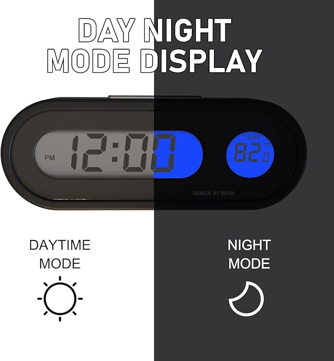 Eratus 1 PC Car 2.95" x 1.1" x 0.7" Digital Clock with Thermometer, Angle Adjustable Dashboard Vent Mini LCD Luminous Large Screen Clock, Black