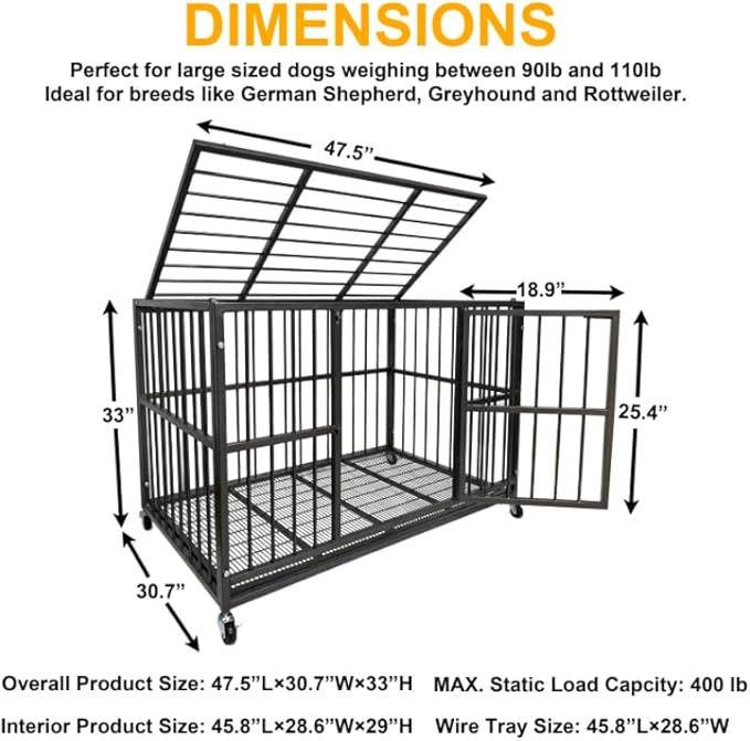 BOLDBONE 48 inch Heavy Duty Indestructible and Escape-Proof Dog Crate Cage Kennel for Large Dogs, High Anxiety Dog Crate with Removable Wire Trays and Wheels, Extra Large XL XXL