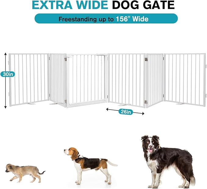 Snagle Paw Extra Wide Dog Gate,Free Standing Dog Fence with Door, Up to 156 Inch Wide Pet Gate with Support Feet for Stairs, Hallways, Doorways, Yard (White, 6 Panels)