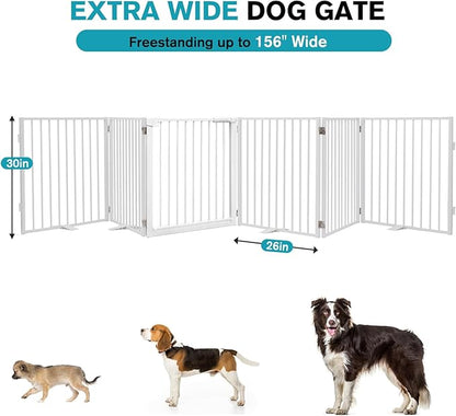 Snagle Paw Extra Wide Dog Gate,Free Standing Dog Fence with Door, Up to 156 Inch Wide Pet Gate with Support Feet for Stairs, Hallways, Doorways, Yard (White, 6 Panels)