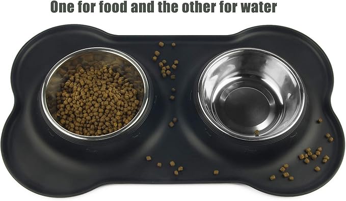 Dog Bowls with Anti-Overflow and Anti-Skid Silicone Dog Food Mat, Stainless Steel Feeder Easy to Clean for Small Medium Large Dogs Cats Pets