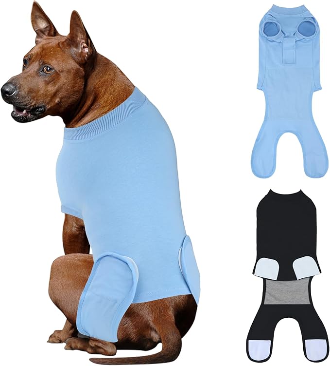 2 Packs Breathable Cotton Dog Recovery Suit for After Neuter Spay Abdominal Wounds Protector, Professional Anti-Licking Onesies for Male Female Pets Surgery Bandages, 2XL Black Blue Pure