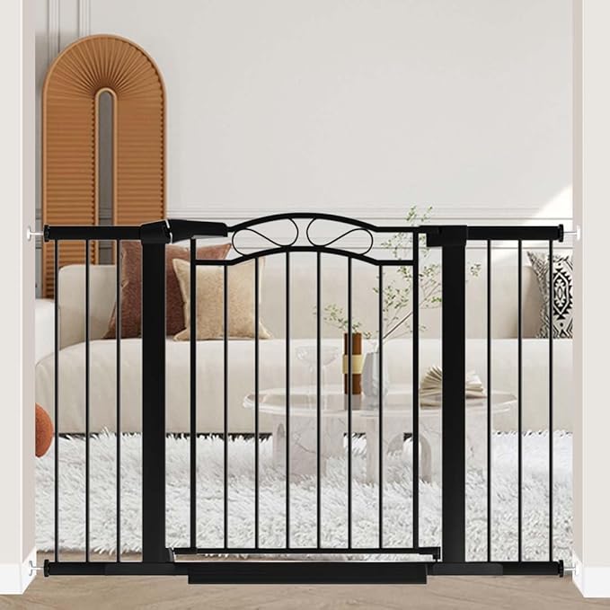 Fairy Baby 29.5"-48.8" Extra Wide Baby Gate for Stairs, Pressure Mounted Easy Walk Thru Pet Gate, Metal Safety Child Gate No Drill, Auto Close Long Dog Gates for the House Doorways, Black