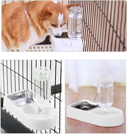 Cage Double Bowls, Crate Hanging, Dog Cat Bowl with Automatic Water Dispenser Bottle, Water and Food Bowl Set with Detachable Stainless Steel Bowl, Bird Pet Dog Cat Food Water Feeder (White)