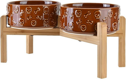 SPUNKYJUNKY Elevated Dog Bowls Ceramic, 7.3'' Dogs Food Water Bowls Raised with Non-Slip Bamboo Stand for Medium to Large Sized Breed Microwave Dishwasher Safe - 42 OZ,Skull Bronze