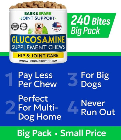 Glucosamine Chondroitin Dog Hip & Joint Supplement - Joint Pain Relief - Hip & Joint Chews for Dogs - Joint Support Large Breed - Senior Doggie Vitamin Pills Joint Health - (240 Treats - Chicken)