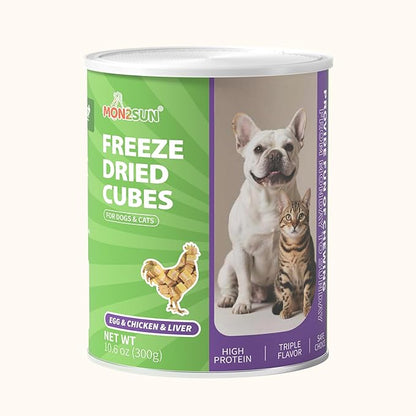 MON2SUN Triple-Layer Freeze Dried Cat & Dog Treats, Chicken, Egg & Chicken Liver Recipe Cube, Grain-Free High Protein Snacks, All Natural Food Topper or Training Rewards, 10.6oz