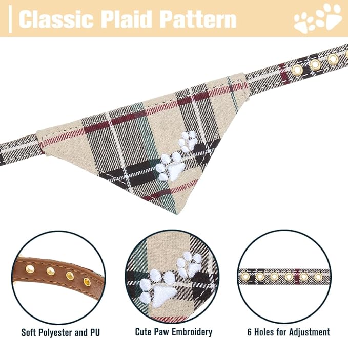 EXPAWLORER Dog Collar and Leash Set - Embroidered Pawprints Plaid With Bow Tie and Bandana, Adorable for Dogs Cats Outdoor Walking, Beige M