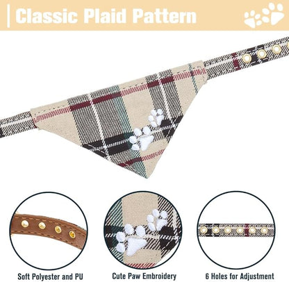EXPAWLORER Dog Collar and Leash Set - Embroidered Pawprints Plaid With Bow Tie and Bandana, Adorable for Dogs Cats Outdoor Walking, Beige M