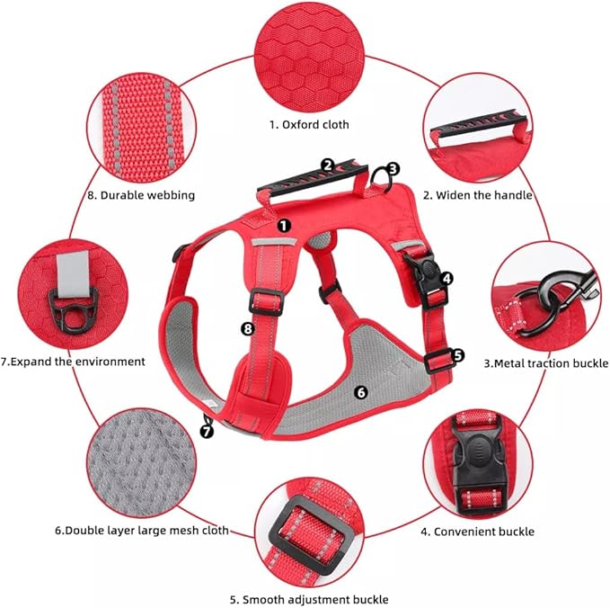 Dog Harness No Pull Adjustable Reflective,for Medium and Large Small Dog with Leash 59.06in (Red, XL)