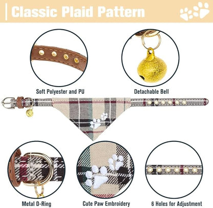 EXPAWLORER Puppy Collar and Leash Set - Embroidered Pawprints Plaid With Bow Tie, Bandana, and Bell for Dogs Cats Outdoor Walking, Beige XS
