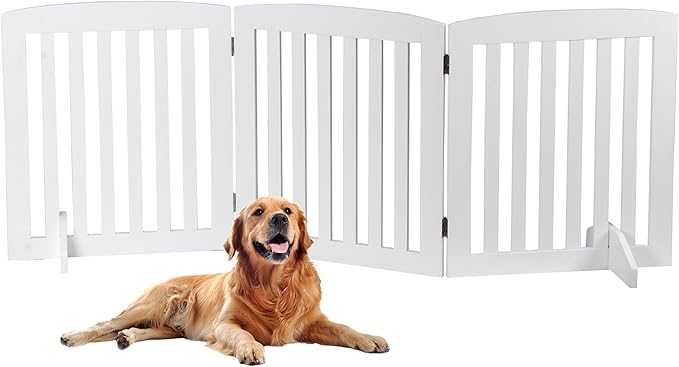 Dog Gate 61 x 24 Inch Freestanding Indoor Pet Door for House Doorways Stairs Halls, Foldable Wood Safety Fence 3 Panels, White