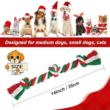 SZEE Dog Rope Toy, 14 in 3 Knots Christmas Dog Chew Toys for Medium and Small Dogs, Pull Toy for Tug of War and Teeth Cleaning (Red & Green)