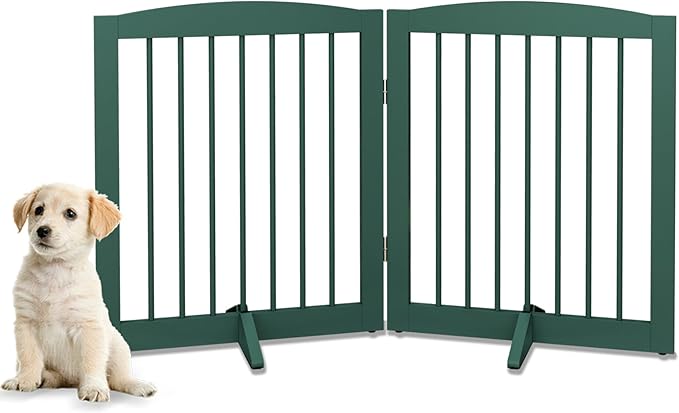 PUPETPO Freestanding Pet Gate for Dogs, Foldable Wooden Dog Gate for House, Stairs, Doorways, Step Over Pet Puppy Safety Fence,Support Feet Included,24" Height 2 Panels, Green