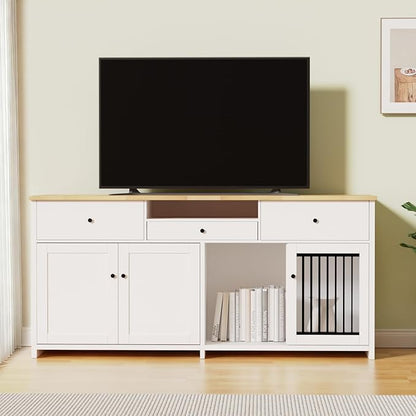 78" Double Door Dog Crate Furniture TV Stand, Heavy Duty Wooden Dog Kennel with 3 Drawers & 2 Cabinets, Extra Large Indoor Dog Cage for Medium/Large Dogs, White