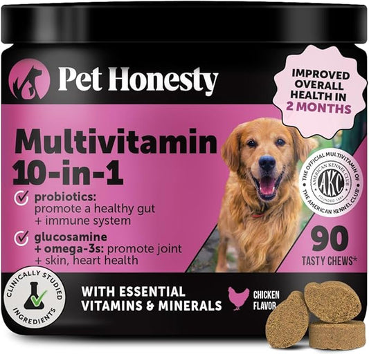 10-in-1 Dog Multivitamin Supplement with Glucosamine & Probiotics - Hip & Joint Support, Digestive Health, Immune Support, Heart & Skin - All-in-One Daily Vitamins & Omega-3s for Dogs (Chicken, 90 Ct)