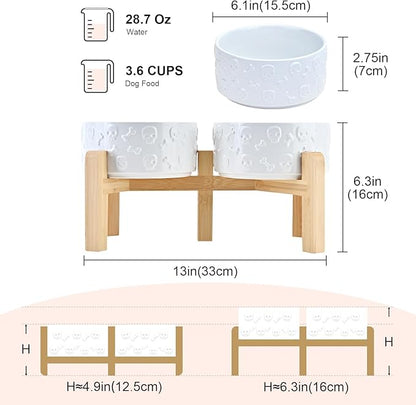 SPUNKYJUNKY Elevated Dog Bowls Ceramic, 6.1'' Dogs and Cat Food Water Bowls Raised with Non-Slip Bamboo Stand for Medium Sized Breed Microwave Dishwasher Safe - 28.7 OZ,Skull White