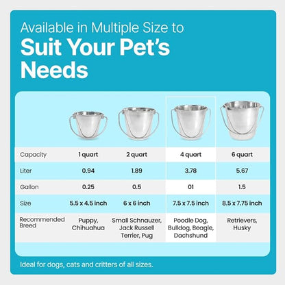 1 Gallon Heavy Duty Stainless Steel Bucket - Rust-Resistant Metal Bucket for Feeding & Watering Pets, Livestock & Cleaning - Perfect for Crates, Kennels, Cages & Hang on Fences - 4 Quart