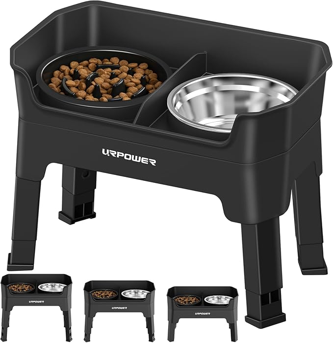 URPOWER 3-in-1 Elevated Dog Bowls - Mess Proof Double Deck 4 Height Adjustable Raised Stand with 2 Stainless Steel Food Bowls & Licking Plate for Small, Medium & Large Dogs