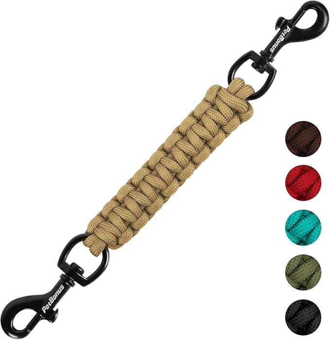PetBonus Dog Collar Safety Clip, Handmade Backup Safety Strap for Dog Harness, Prong, Pinch Collar, Double Ended Clasp Leash Connector (Tan)
