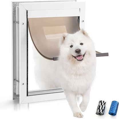 Durable Aluminum Doggy Door - Medium, White, Easy to Install for Middle Dogs & Pets (Adjustable Thickness, M)
