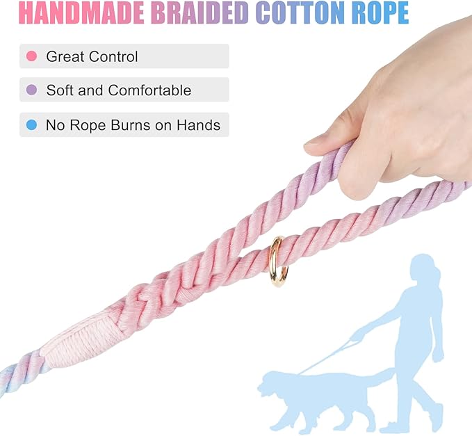 Dog Leash 6 FT Handmade Braided Cotton Rope Leashes for Small Medium and Large Dogs, New Golden Heavy Duty Metal Clasp, Colorful Macaron