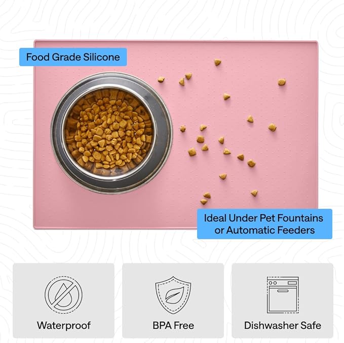 GORILLA GRIP 100% Waterproof Raised Edge BPA Free Silicone Pet Feeding Mat, Dog Cat Food Mats Contain Spills Protects Floors, Placemats for Cats and Dogs Water Bowl, Pets Accessories 32x24 Pink