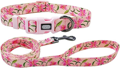 Dog Collar Leash Set, Floral Pattern, Polyester Material, Adjustable Collar and 5ft Matchcing Leash, for Medium Dogs.(M, Pink Lily)