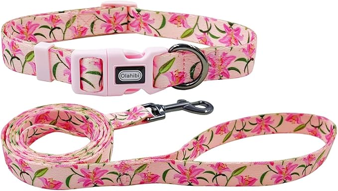 Dog Collar Leash Set, Floral Pattern, Polyester Material, Adjustable Collar and 5ft Matchcing Leash, for Large Dogs.(L, Pink Lily)
